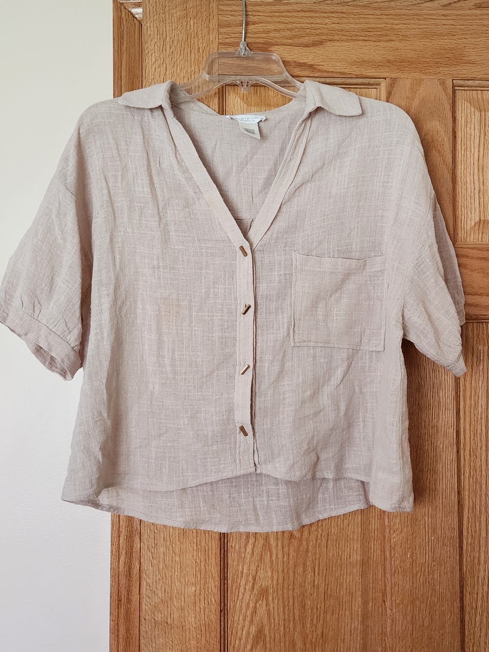 Light Beige Relaxed Button-Front Short Sleeve Shirt